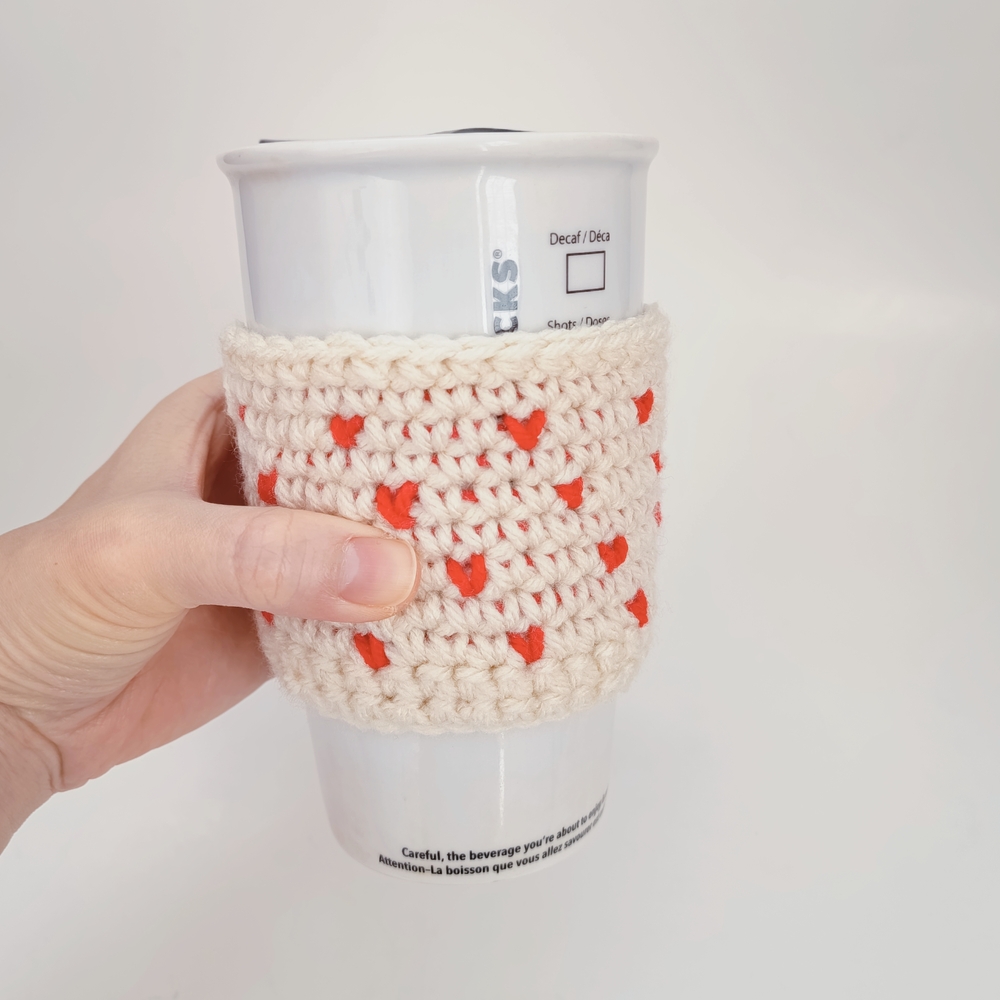 Crochet Cup Sleeve - Cream and ♥️ - Picture 3 of 4